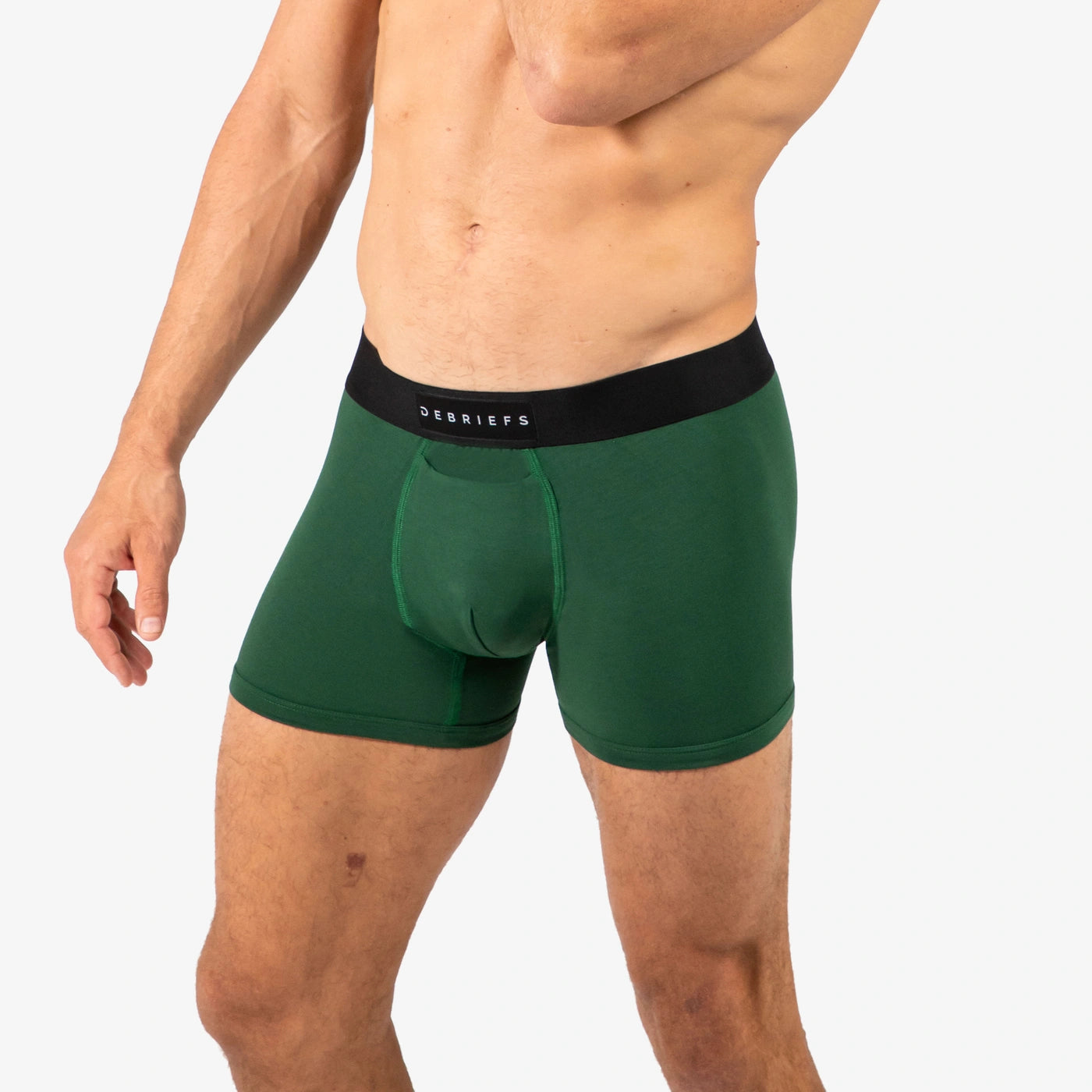 Man wearing Debriefs mens boxer briefs underwear - forest green side